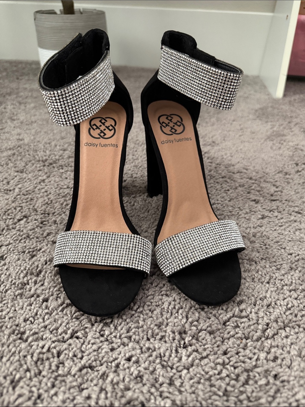 Daisy Fuentes Black Rhinestone Ankle-Strap Heels